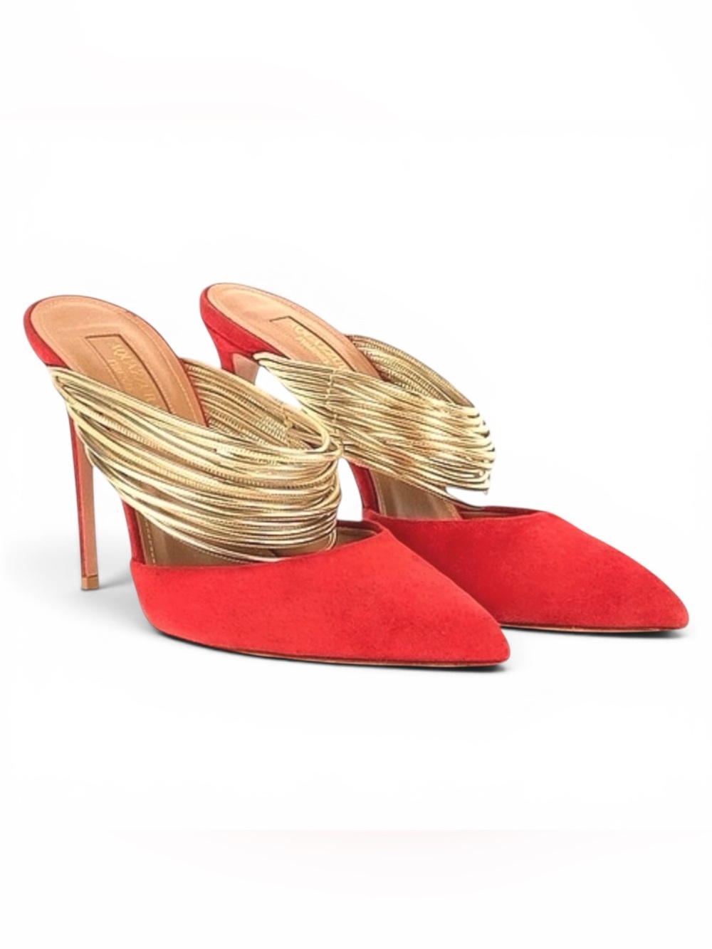Aquazzura Red/Gold Suede and Leather Rendez Vous Slides Size 36.5